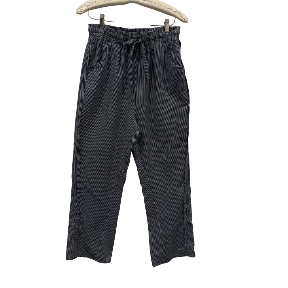 Doe and Rae Black White Pinstripe Straight Leg Elastic Waist Pants Small